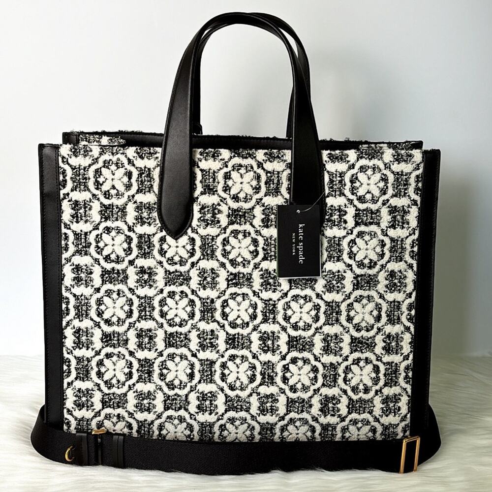 NWT Kate Spade Manhattan Spade Flower Monogram Tweed Large Tote Purse - Picture 9 of 12